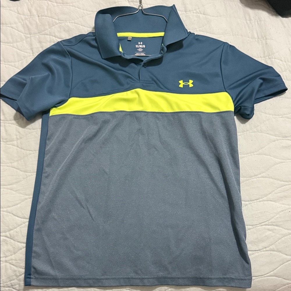 Under Armour Kids Polo in Blue and Gray with Neon Yellow Detail